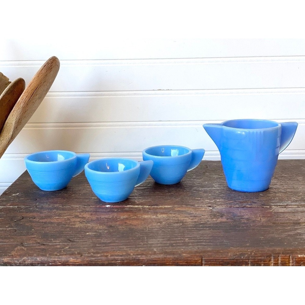 Vintage Akro Agate Blue Child'sβ Dishes: Mini Cups and Pitcher Set